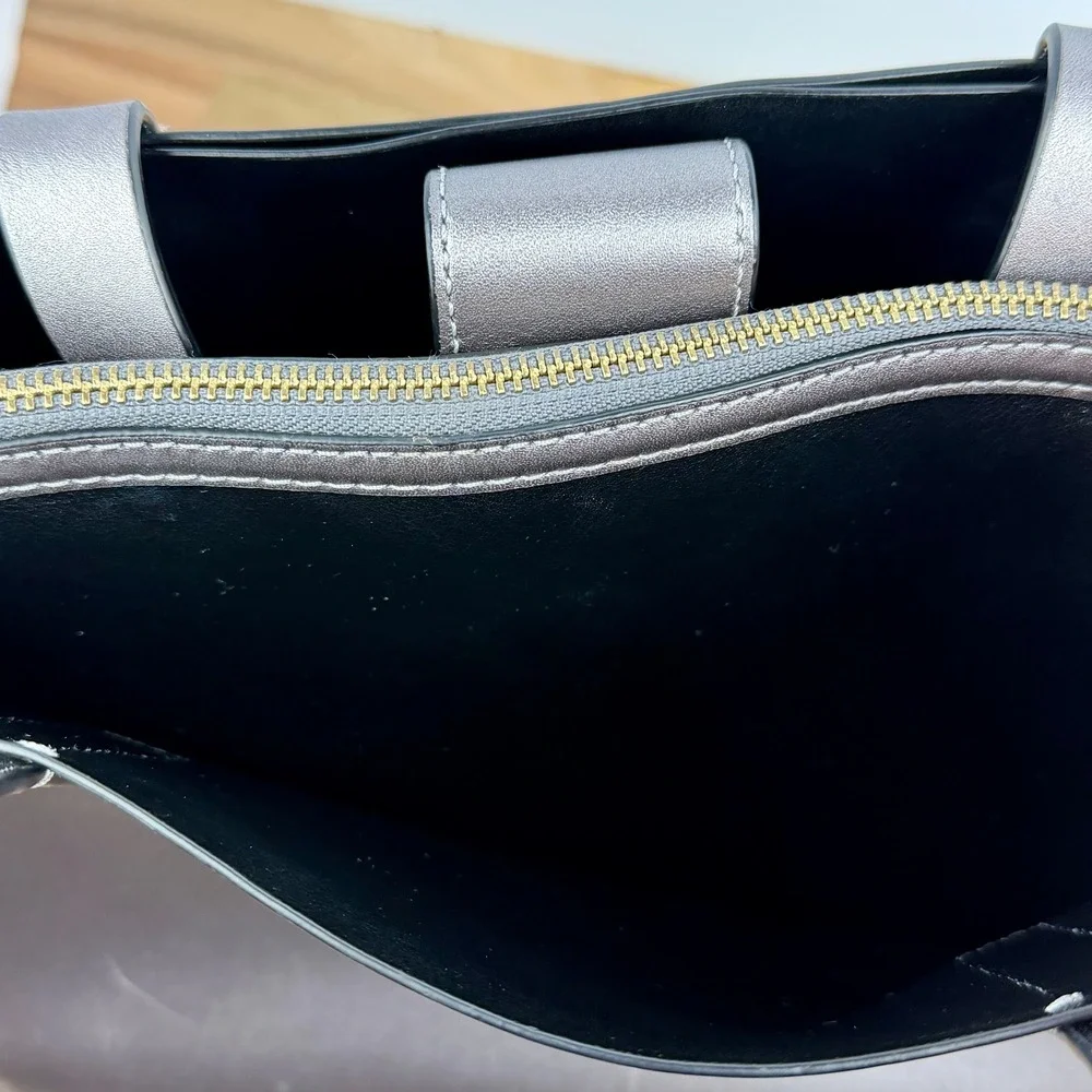 Kate Spade Metallic Pewter Leather Tote Bag Triple Compartment Handbag Gunmetal